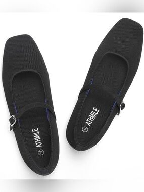Athmile Women’s Square-Toe Ballet Mary Jane Knit Flats in Black - US Size 9